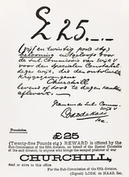 Gezocht poster voor ontsnapte krijgsgevangene Churchill, uit 